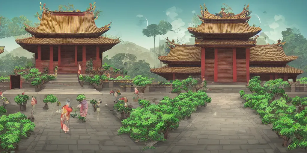 Image similar to vietnamese temple scene, 2 d game art background, level design, muted colors, in style of lam manh