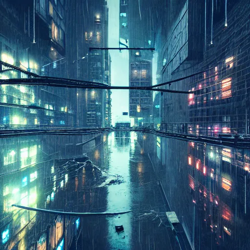 Image similar to 8 k artstation photograph rainy city cracked and crumbling into the ocean with scifi cyberpunk aesthetic hyper realistic aerial view