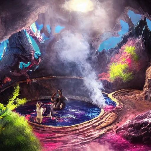 Image similar to a black dragon in the middle of a colorful geothermal hotspring in a cavern, featured on artstation