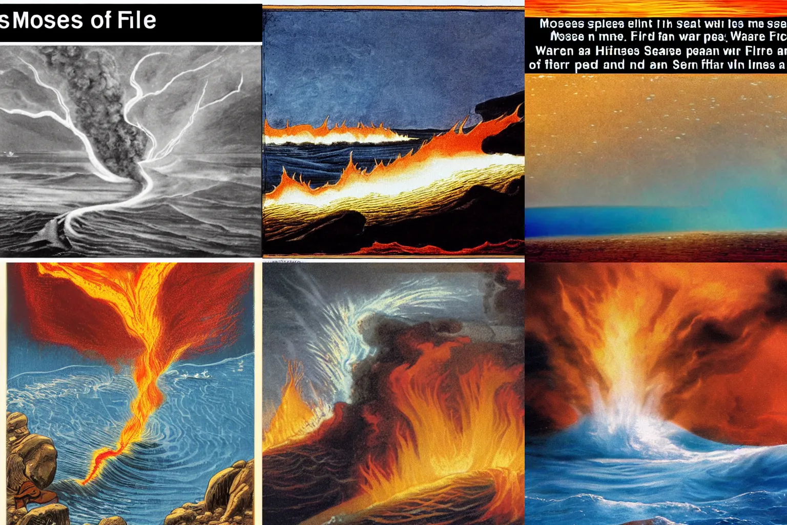 Prompt: Moses splits the sea that one part of the sea is made of fire and another part is Water