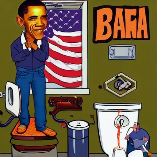 Image similar to obama the plumber, fixing a toilet, in the style of dave macdowell