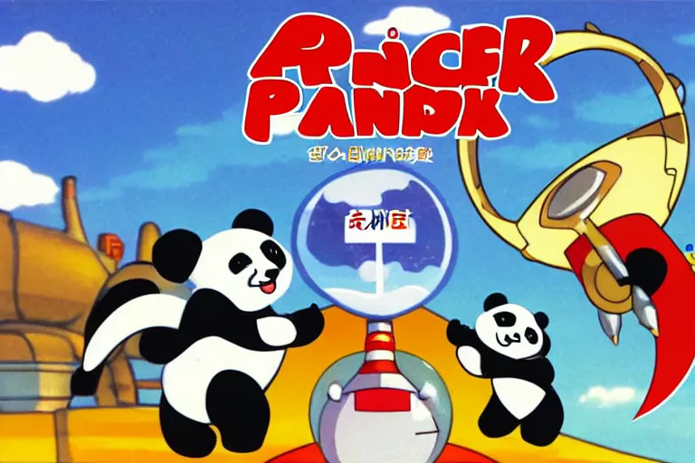 Prompt: a rocket shaped link a panda, title screen from classic anime 1 9 8 0 s cartoon, title reads panda rocket