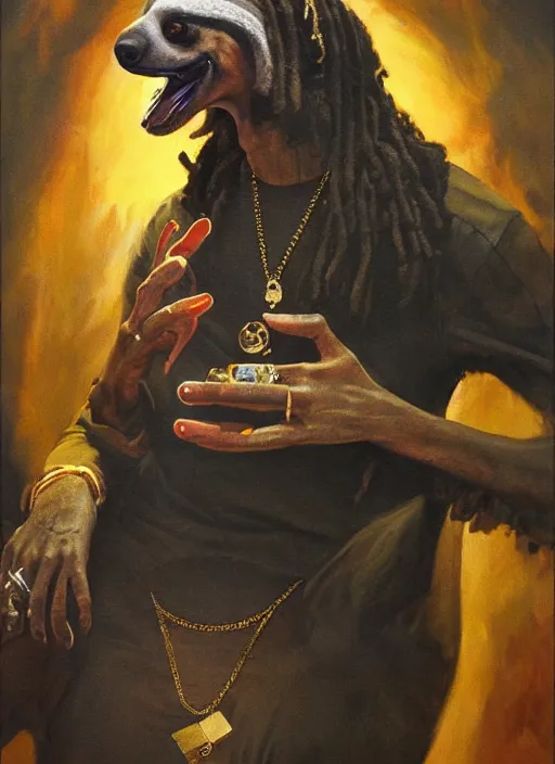 Prompt: ultra realistic portrait painting of snoop dogg as a sloth smoking a lit joint, art by frank frazetta, 4 k, ultra realistic, highly detailed, epic lighting