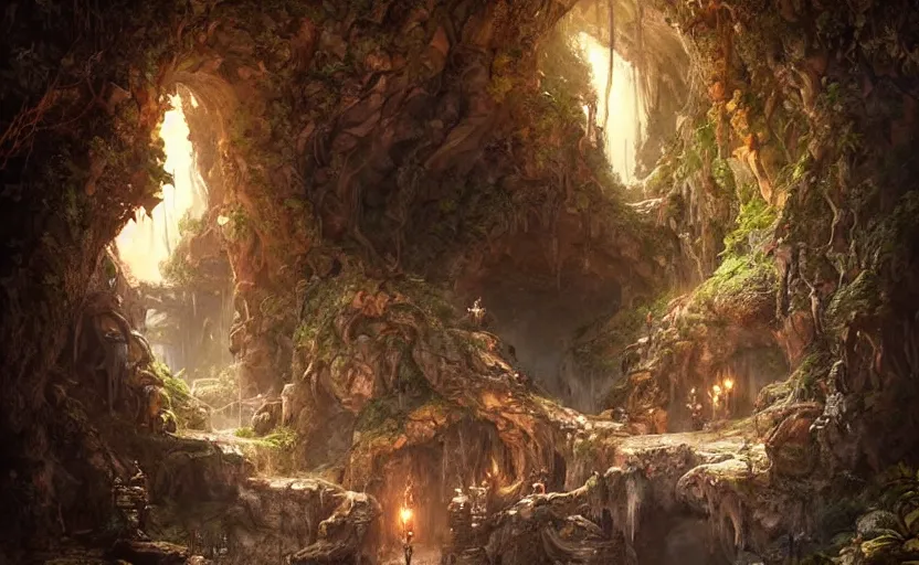 Prompt: a cave entryway in a root covered cliffside, hewn stairs, torches deep inside, fantasy digital painting, stunning intricate details, artwork by ross tran and greg rutkowski