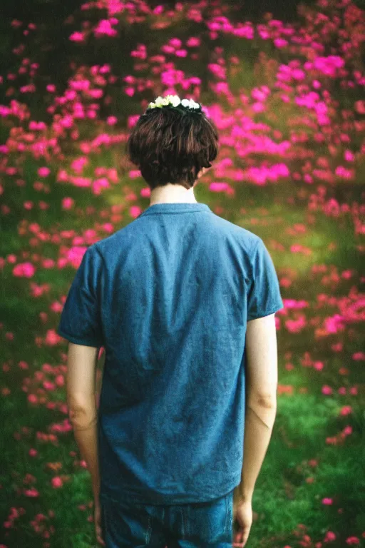 Image similar to kodak portra 4 0 0 photograph of a skinny guy looking into a otherworldly portal, flower crown, back view, vaporwave colors, grain, moody lighting, moody aesthetic,