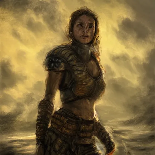 Prompt: portrait of mercenary's wife young beautiful woman standing on primeval waters, dynamic lighting, cinematic, establishing shot, extremely high detail, photo realistic, cinematic lighting, oil painting, intricate line drawings