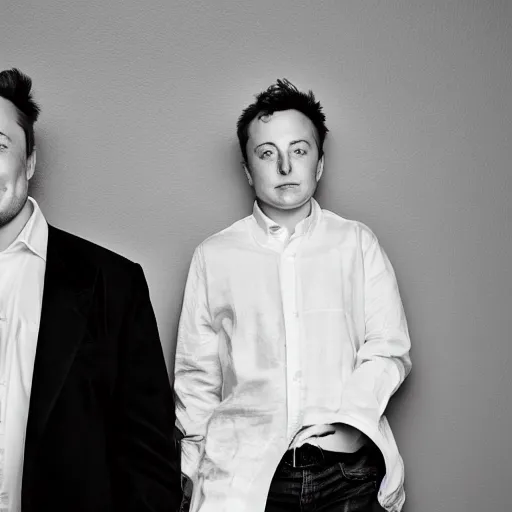 Image similar to A portrait photo of Elon Musk teams up with a teenage Elon Musk, perfect faces, 50 mm, award winning photography