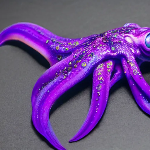 Image similar to a photo of 8k ultra realistic evil purple squid, full body, intricate purple and blue tentacles, ornate