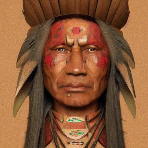 Image similar to abstract 3d portrait Native American in his traditional clothes age 40 by james jean and Jason Chan, rendering, redshift, octane