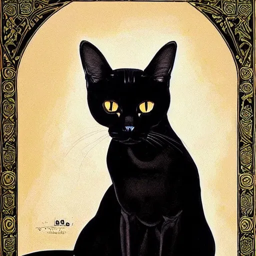 Image similar to beautiful, gorgeous art nouveau painting of a black egyptian cat, impressive, wonderful, very detailed, perfect anatomy, symmetrical, trending on artstation, masterpiece