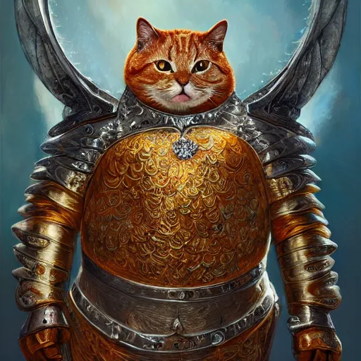 Prompt: a fat orange cat wearing a silver armor with golden ornaments and diamonds jewelry, wings by alex gray and android jones, karol bak, ayami kojima, amano, concept art, character design, fantasy, 3 d, 8 k resolution