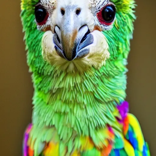 Image similar to a very real a llama parrot, full view, zoomed out