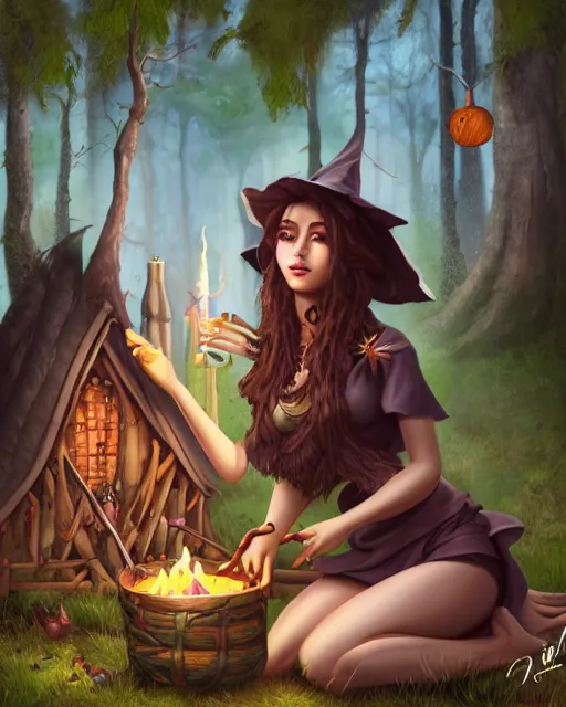 Image similar to A frontal fullbody painting of a beautiful brunette witch, outside of her wooden hut in the forest with her cat and her cauldron, feminine figure, higly detailed, ultraHD, 8k, smooth , pixiv art, cgsociety, artgem, high quality, digital illustration, concept art, masterpiece