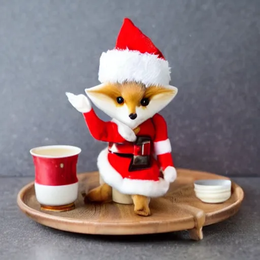 Image similar to fennec fox wearing a santa hat. they are sat at a fancy table eating cheese from a plate