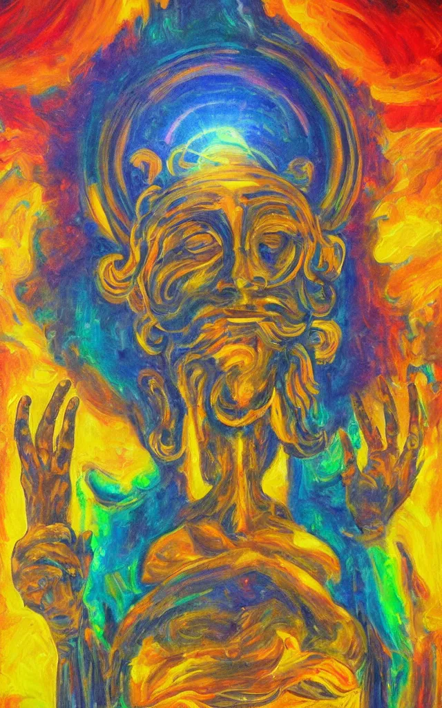 Image similar to the god of the solar mythos solar deity, award winning oil painting, iridescent colors