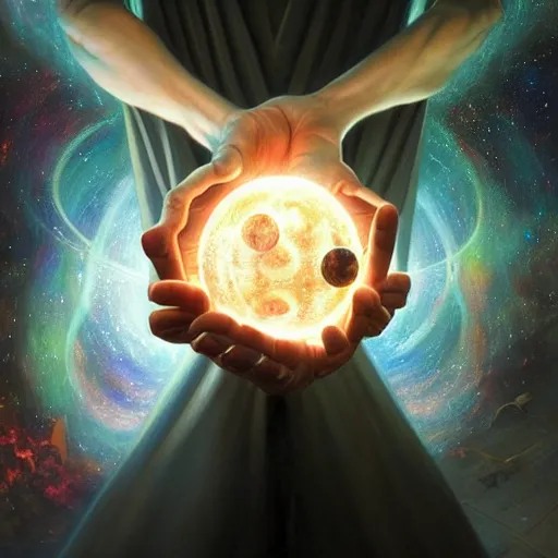 Image similar to the creator of worlds wearing a cloak and holding a holographic planet projection in his hand, detailed, sci - fi, digital painting, artstation, sharp focus, illustration, ominous, artgerm, tomasz alen kopera, peter mohrbacher, donato giancola, joseph christian leyendecker, wlop, frank frazetta