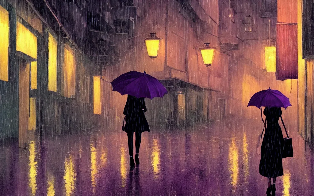 Image similar to a woman holding a purple umbrella walking on the wet street on a rainy night in a kyoto alley way by makoto shinkai by studio ghibli and by wes anderson. dramatic lighting. cel shading.