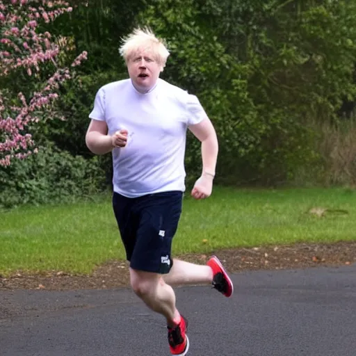 Image similar to Photo of Boris Johnson running, wearing a white t shirt and red shorts with a design of white flowers on them, sweaty