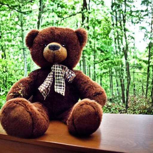 Prompt: Teddybear, on a dresser, in the middle of the woods