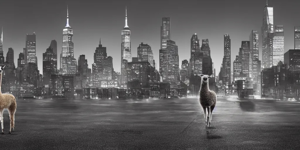 Image similar to a llama walking through a desolate manhattan city street at night, statue of liberty seen in the background, realistic 4 k octane beautifully detailed render, 4 k post - processing, highly detailed, detailed face, intricate complexity, epic composition, magical atmosphere, cinematic lighting, masterpiece, ultra hd