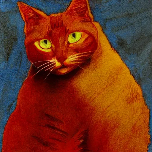 Image similar to A red cat sitting in the middle with yellow squares. in the art style of Andrew Wyeth. Brush Strokes,high texture, high resolution.