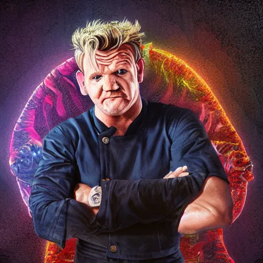 Image similar to photorealistic gordon ramsay with devil horns in the style of michael whelan. hyperdetailed photorealism, 1 0 8 megapixels, amazing depth, high resolution, 3 d shading, 3 d finalrender, 3 d cinematic lighting, glowing rich colors, psychedelic overtones, artstation concept art.