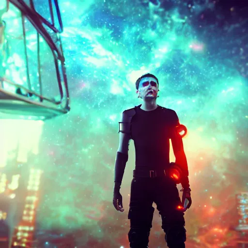 Prompt: A beautiful boy wearing a black mesh crop top and black shorts standing in a mad max cage. The boy is surrounded by a colorful nebula. Cyberpunk, Digital Art, unreal engine 5, 50mm, f2.8