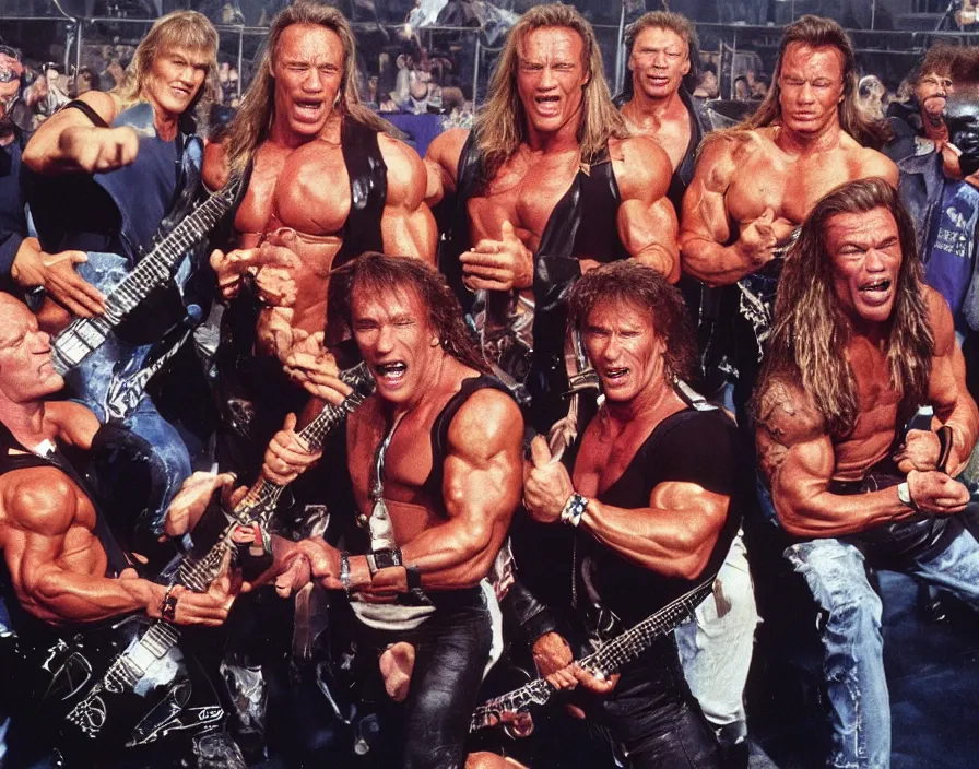 Prompt: colour photo off arnold schwarzenegger, sylvester stallone, dolph lundgren, Chuck Norris and Jean-Claude Van Damme in a heavy metal band, playing guitars, drums, on stage at monsters of rock 1992, pyrotechnics, smoke, vivid colors, daylight, photo real, 28mm, press photograph, wide view, Eastman EXR 50D 5245/7245