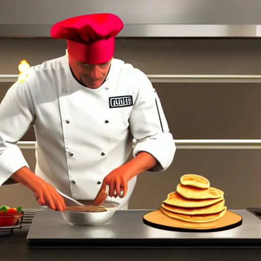 Prompt: master chief wearing a chef hat cooking a stack of pancakes hyper real, 8k, colorful, 3D cinematic