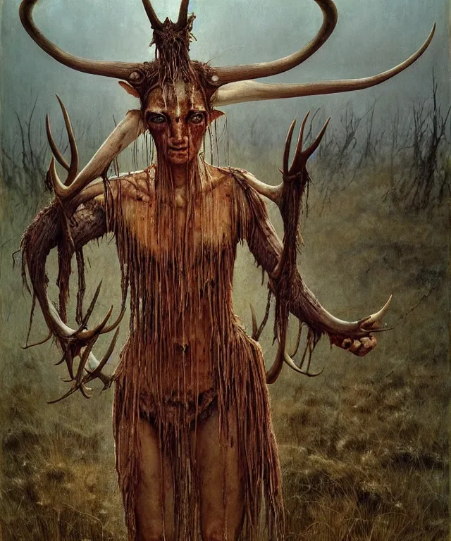 Image similar to a detailed horned antelopewoman stands among the swamps. wearing a ripped mantle, robe. perfect faces, extremely high details, realistic, fantasy art, solo, masterpiece, art by hermann nitsch, zdzislaw beksinski, dariusz zawadzki, giger, dragan bibin