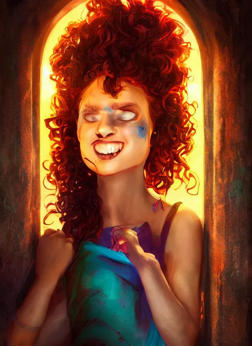 Image similar to an epic fantasy comic book style portrait painting of a girl wearing colorful makeup with a mischievous smile and curly brown hair stepping out of a doorway with light shining behind her, unreal 5, daz, hyperrealistic, octane render, cosplay, rpg portrait, dynamic lighting