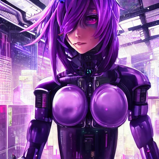 Image similar to A beautiful painting of a cyberpunk anime girl with purple hair and an a huge robot arm sensual stare, augmentations and cybernetic enhancements neon circuits, by Stanley Artgerm Lau, WLOP, Rossdraws, James Jean, Andrei Riabovitchev, Marc Simonetti, and Sakimichan, trending on artstation, hyperrealist, cinema4D, 8k highly detailed ❤️‍🔥 🔥 💀 🤖 🚀