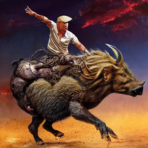 Image similar to hyperrealistic mixed media painting of Trump riding a Boar, stunning 3d render inspired art by P. Craig Russell and Barry Windsor-Smith, 8k octane beautifully detailed render, post-processing, extremely hyperdetailed, intricate, epic composition, grim yet sparkling atmosphere, cinematic lighting + masterpiece, trending on artstation, very detailed, masterpiece, stunning