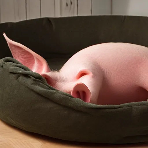 Prompt: hyper realistic image of a pig sleeping in his bed it night