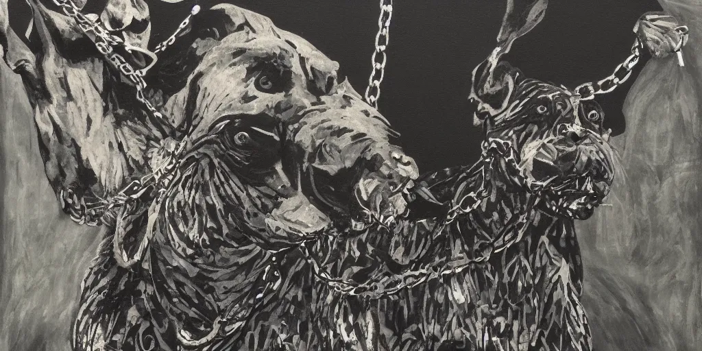 Prompt: mad dog on a chain and gangster around, black paper, collage, acrylic on canvas, expressionism movement, breathtaking detailed, by blake neubert