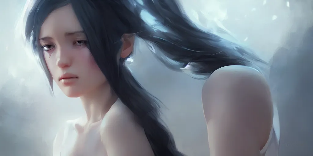 Image similar to young woman, somber white eyes, gentle lighting, personal quarters, digital art by Makoto Shinkai ilya kuvshinov and Wojtek Fus, digital art, concept art,