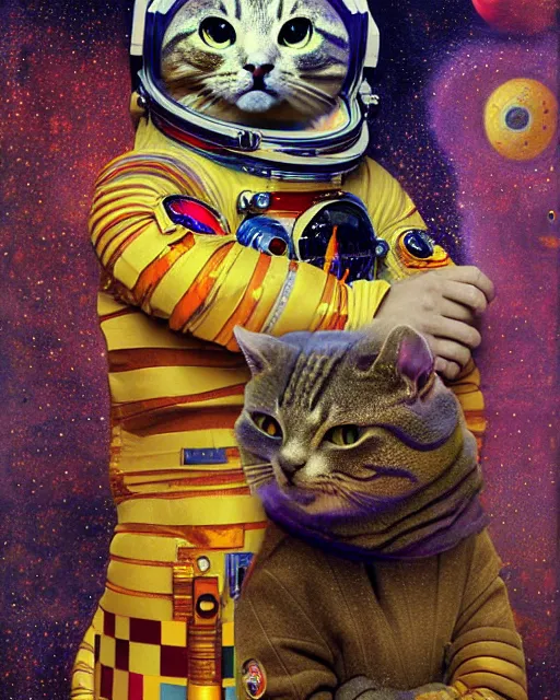 Image similar to space cosmonaut cat portrait an oil painting splashes with many colors and shapes by gustav klimt greg rutkowski and alphonse mucha, polycount, generative art, psychedelic, fractalism, glitch art