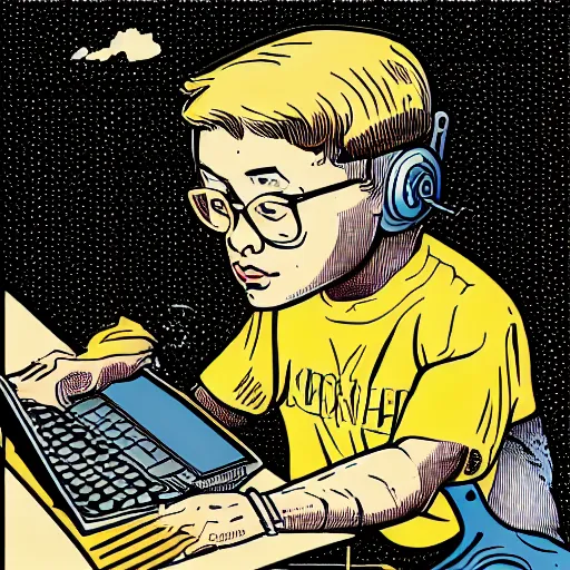 Image similar to illustration of a boy connected to his laptop with wires, highly detailed, by butcher billy, mcbess, rutkowski