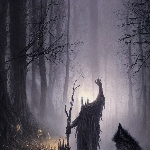 Prompt: dark woods at night, an alien smoking a pipe, a wolf by their side, a full moon by hr giger, greg rutkowski, luis royo and wayne barlowe as a diablo, resident evil, dark souls, bloodborne monster : : hyper realistic, ultrarealistic, realism, photoreal, 8 k : :
