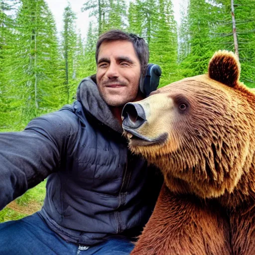 Prompt: Bear Grills selfie with a brown bear