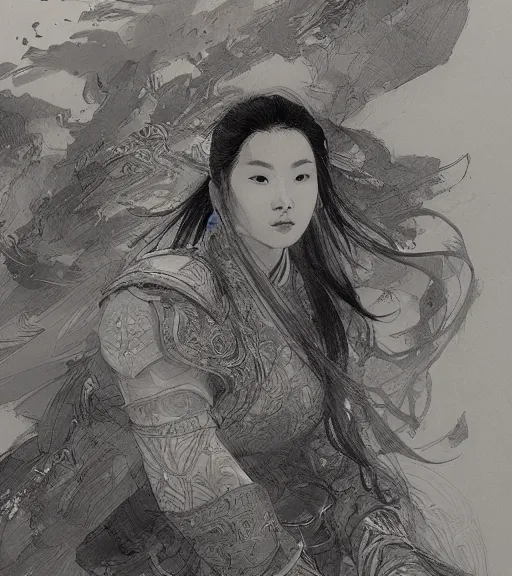 Image similar to hua mulan, pen and ink, intricate line drawings, by craig mullins, ruan jia, kentaro miura, greg rutkowski, loundraw