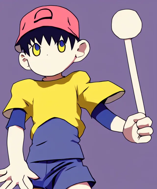 Image similar to ness from earthbound in the art style of ufotable studios, crisp 8 k line art, trending on artstation, cel shaded, matte, detailed, anime illustration