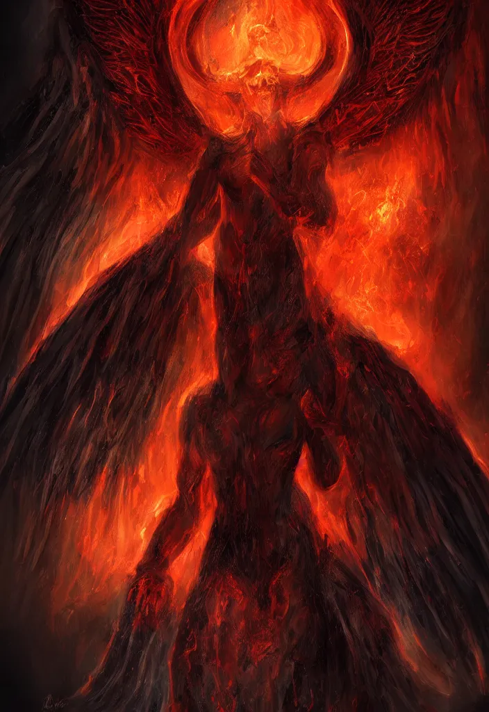 Prompt: a portrait of a gigantic angel as a demon in a fiery hell, eerie, dark, magical, fantasy,, digital art.