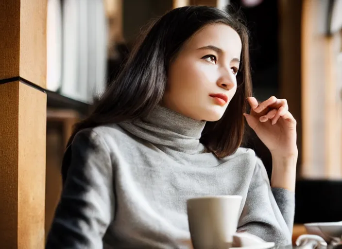 Image similar to beautiful!!!!! young adult woman in a cozy coffee shop wearing an avant garde outfit designed by zaha hadid, close up, natural lighting, 5 0 mm