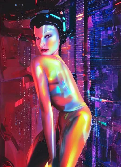 Image similar to futuristic lasers, data visualization, cyberpunk visor rain, wet, oiled, sweat, girl pinup, by steven meisel, james jean and rolf armstrong, geometric cubist acrylic and hyperrealism photorealistic airbrush painting with retro and neon colors