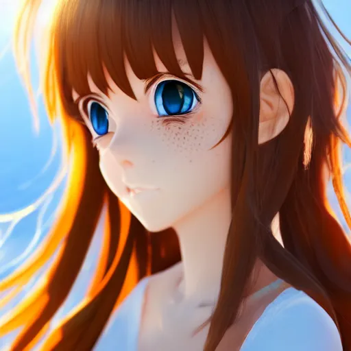 Image similar to Render of a very beautiful 3d anime girl, long hair, hazel eyes, cute freckles, full round face, short smile, cute sundress, golden hour, snowy hills setting, medium shot, mid-shot, highly detailed, trending on Artstation, Unreal Engine 4k