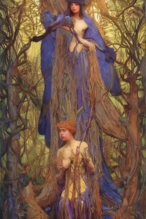 Prompt: the queen of the forest with her birds, by Annie Swynnerton and jean delville and Nicholas Roerich, elaborately costumed, rich color, dramatic cinematic lighting, smooth, sharp focus, extremely detailed, featured on artstation