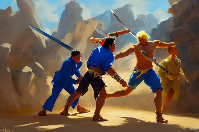 Prompt: greg manchess painting of a sword fight between a filipino wrestler and a blond man in a blue suit, organic painting, sunny day, matte painting, bold shapes, hard edges, street art, trending on artstation, by huang guangjian, gil elvgren, ruan jia, randy vargas, greg rutkowski