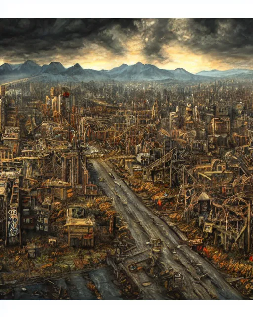 Image similar to oil painting landscape of a zombie apocalypse city, high production value, intricate details, high resolution, hdr, high definition, masterpiece, realistic, ultrarealistic, highly detailed, hd, sharp focus, non blurry, sharp, smooth