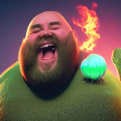 Image similar to highly detailed octane render of a short ugly fat man with a giant beard laughing at a green mushroom cloud surrounded by dead insects in a cave